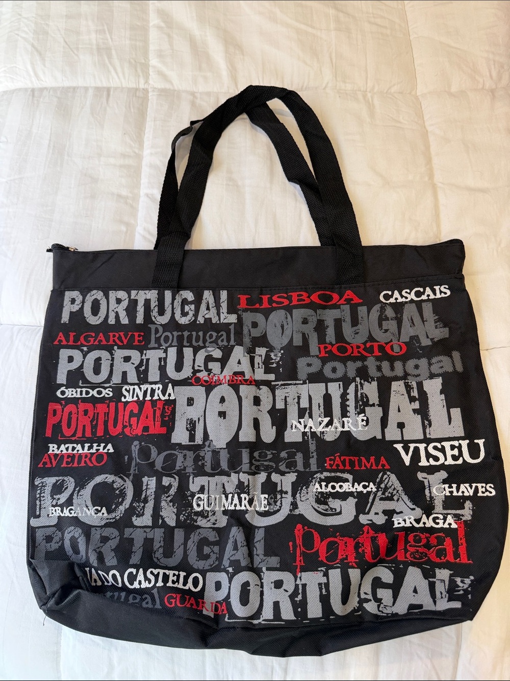 Black Portugal Graphic Tote Bag with Red & Gray Typography